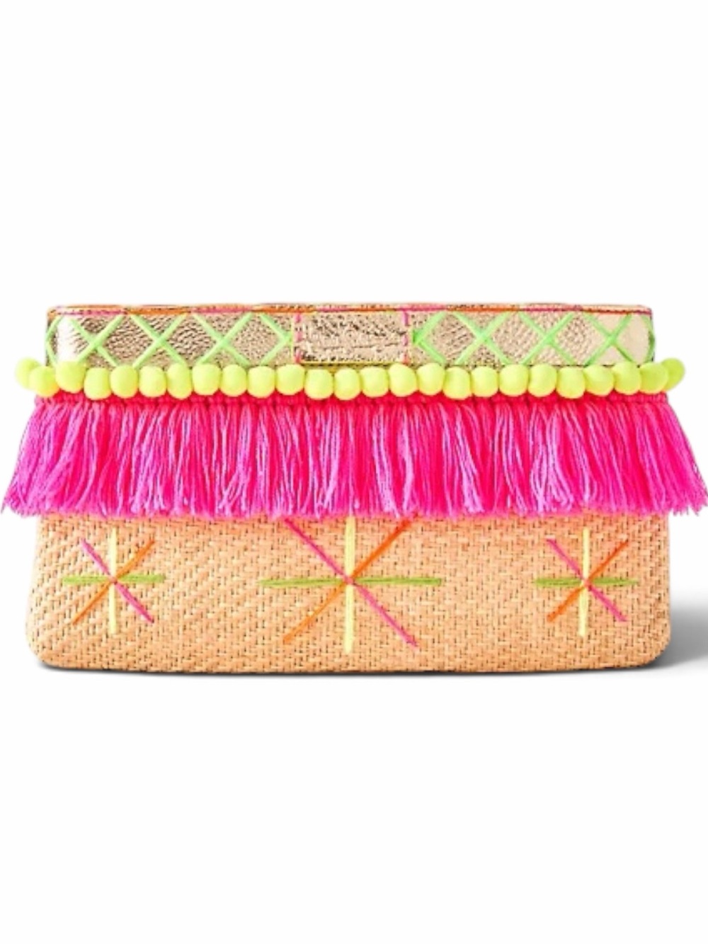 Lilly Pulitzer Baja Natural Woven Straw Fringe Pom Pom Clutch Bag